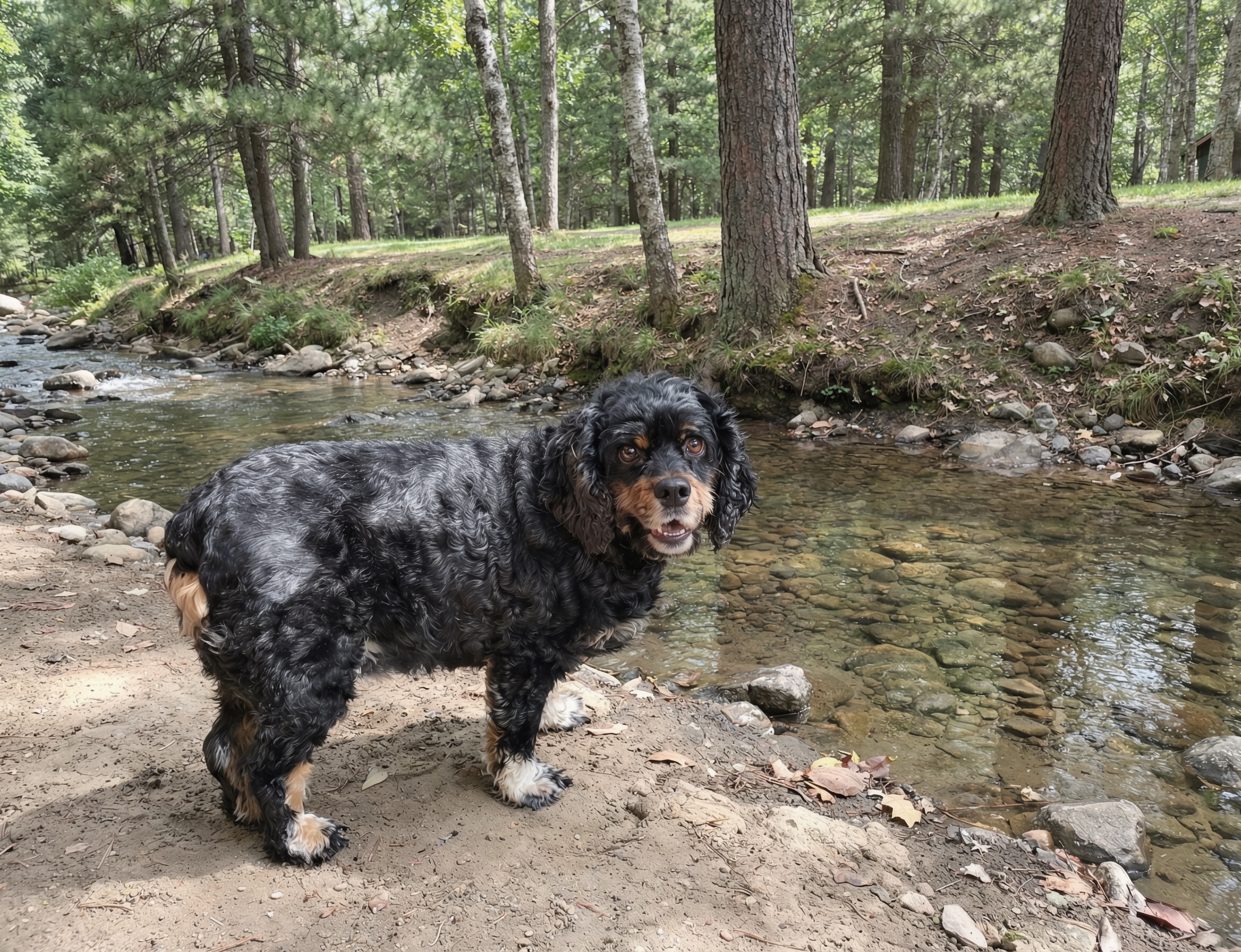 Lucy standing at the edge of a rocky creek, fur damp, looking straight at the camera