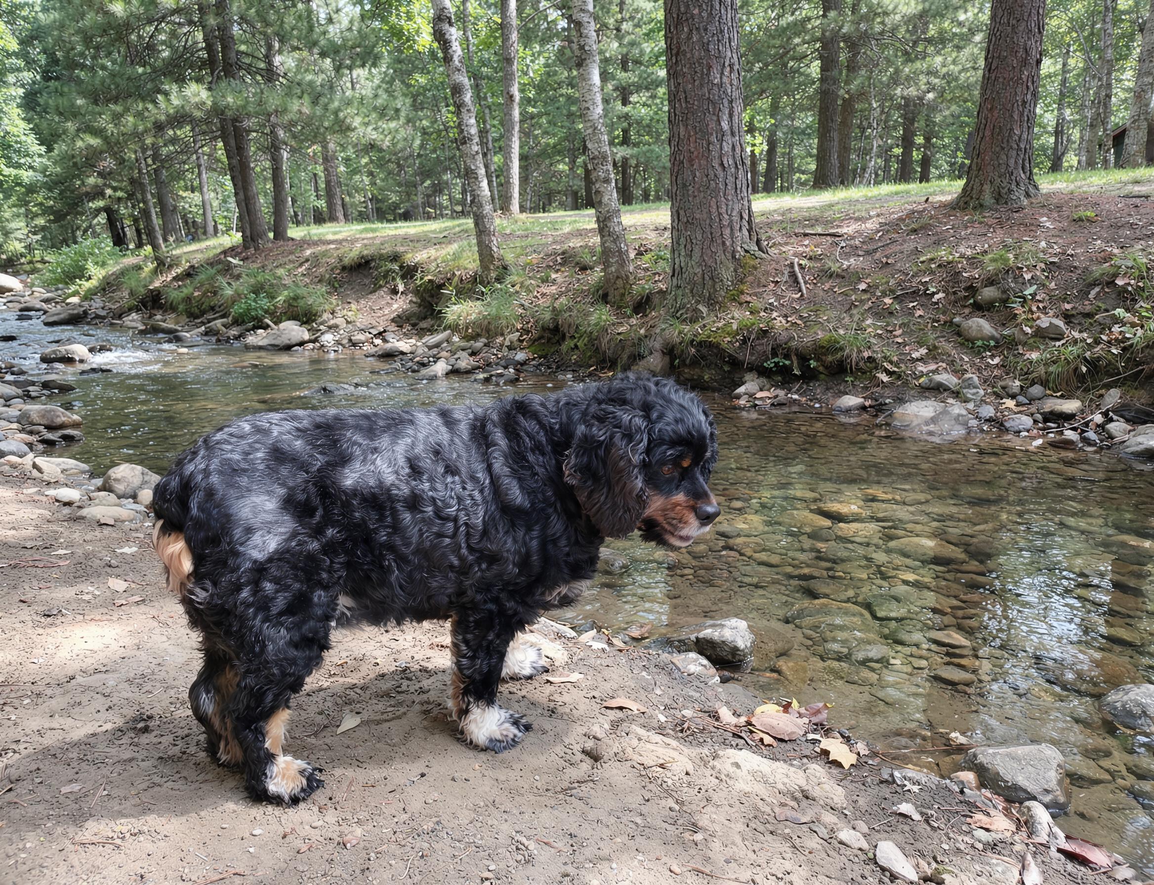 Lucy in profile, standing on the creek bank, looking warily at the water