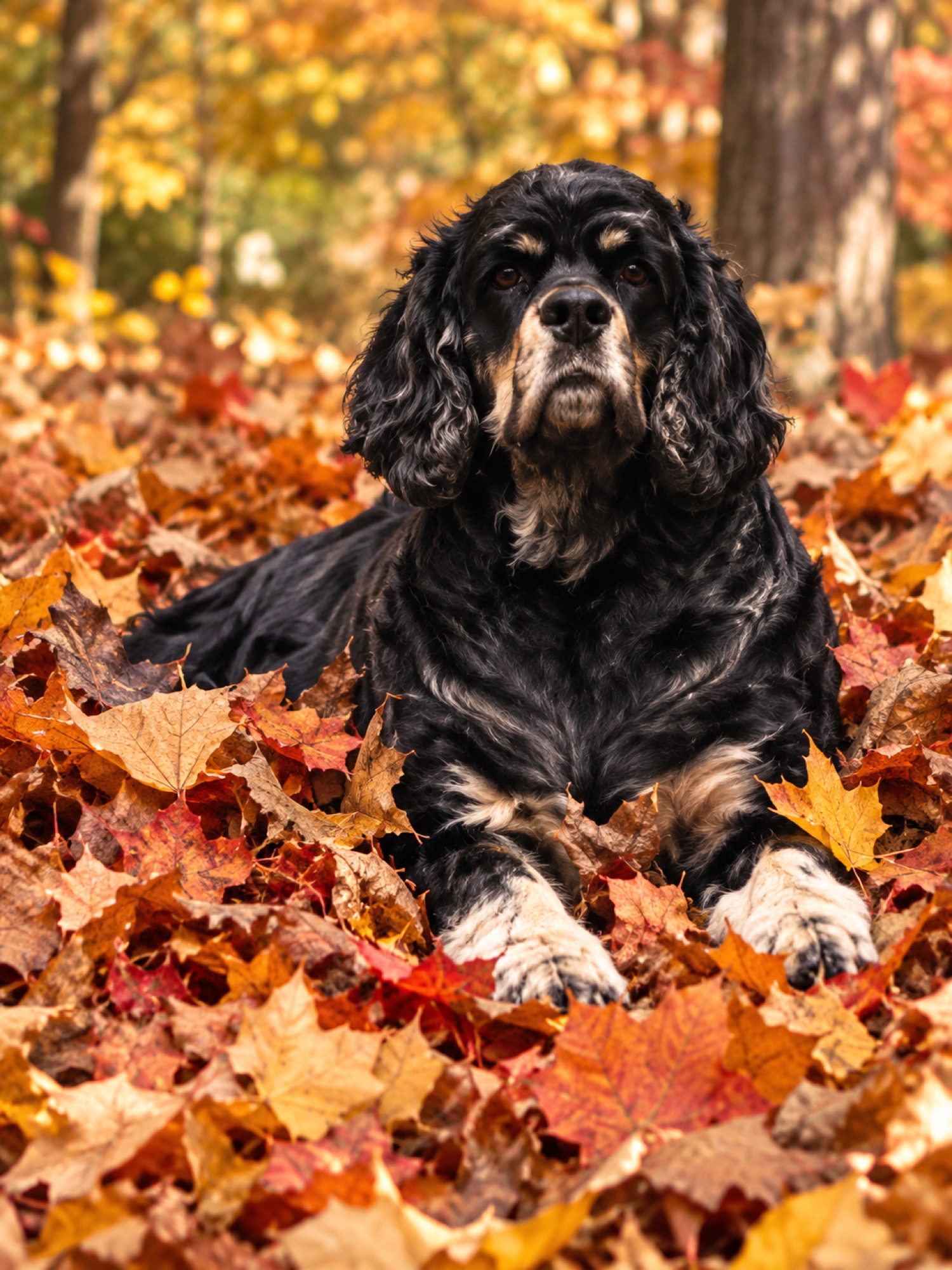 Lucy lying in a pile of orange and red fall leaves