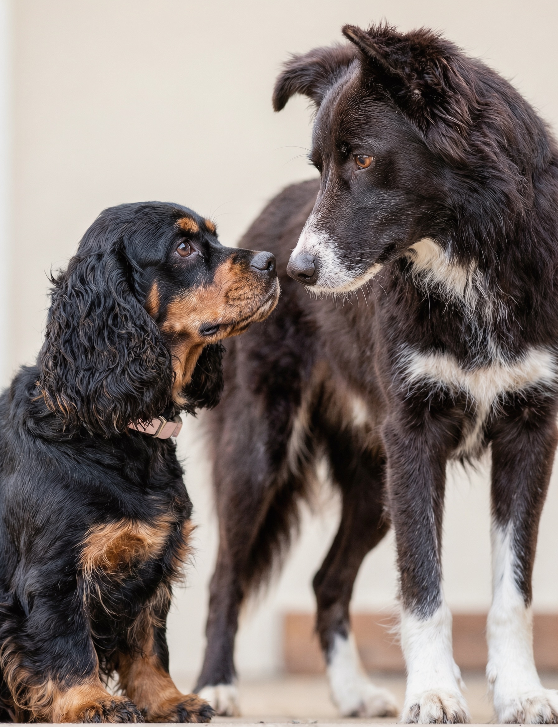 Lucy meeting a collie mix puppy nose to nose at the cabin