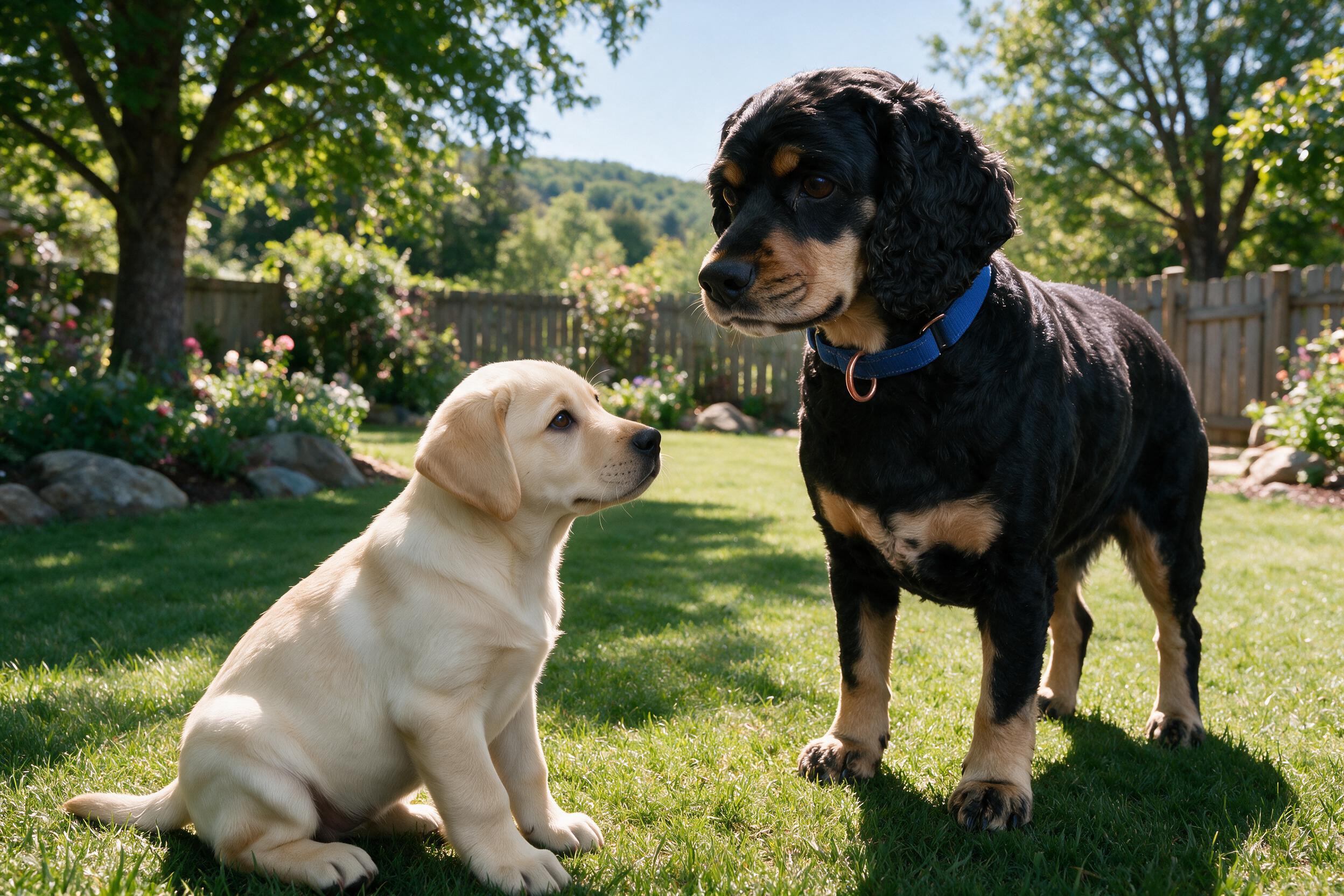 Lucy meeting a lab puppy in the yard